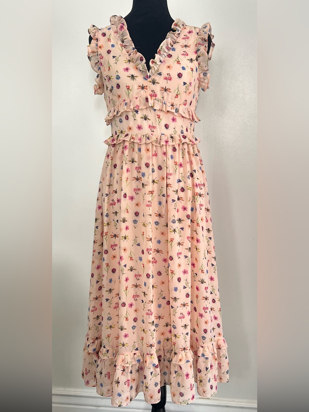 Betsey Johnson Bug Garden Pink Spring Dress Ruffel Vneck Size 2